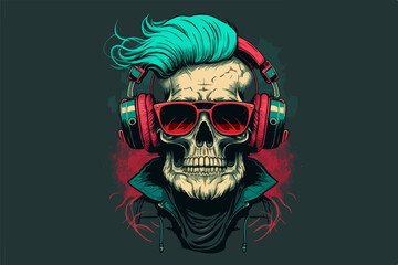 Skull with headphones vintage retro vector Illustration