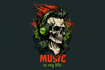 Skull with headphones vintage retro vector Illustration