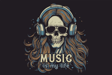 Skull with headphones vintage retro vector Illustration