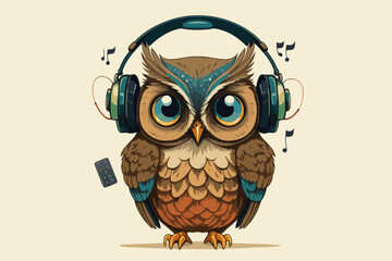 Owl with headphones vintage retro vector Illustration