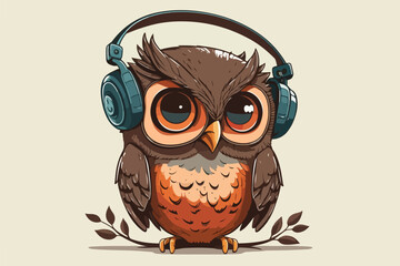 Owl with headphones vintage retro vector Illustration
