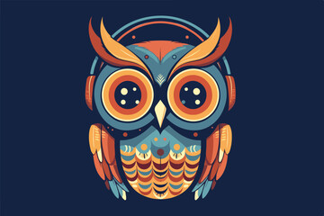 Owl with headphones vintage retro vector Illustration