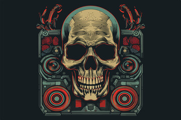 Skull with headphones vintage retro vector Illustration
