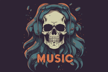 Skull with headphones vintage retro vector Illustration