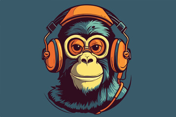 Monkey with headphones vintage retro vector Illustration