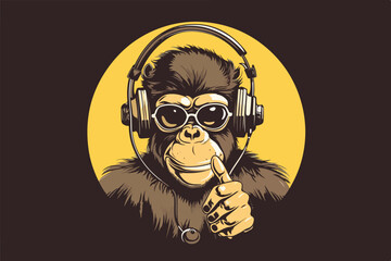 Monkey with headphones vintage retro vector Illustration