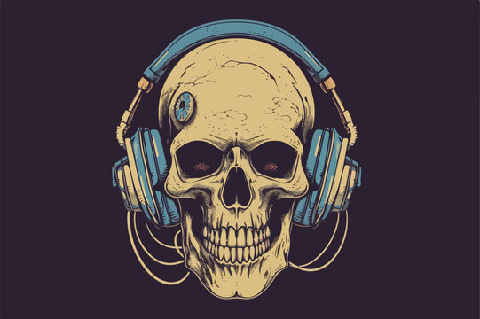 Skull with headphones vintage retro vector Illustration