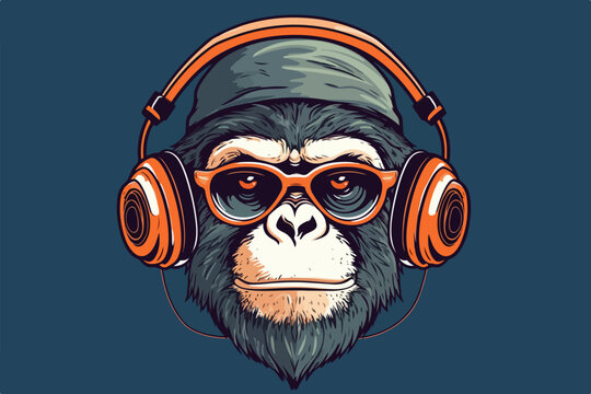 Monkey with headphones vintage retro vector Illustration