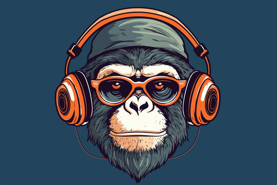 Monkey With Headphones Vintage Retro Vector Illustration