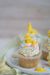Lemon poppy seeds cupcakes with white whipped buttercream and white and yellow chocolate bunnies and coloreful sprinkles easter baking close up selective focus