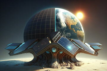 Fototapeta premium Futuristic Planet Earth Abstract Artwork with Solar Panels Renewable Energy Abstract Concept Art Generative AI 