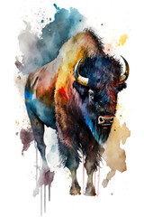 Illustration bison in watercolor. Animal on a white background, generative AI