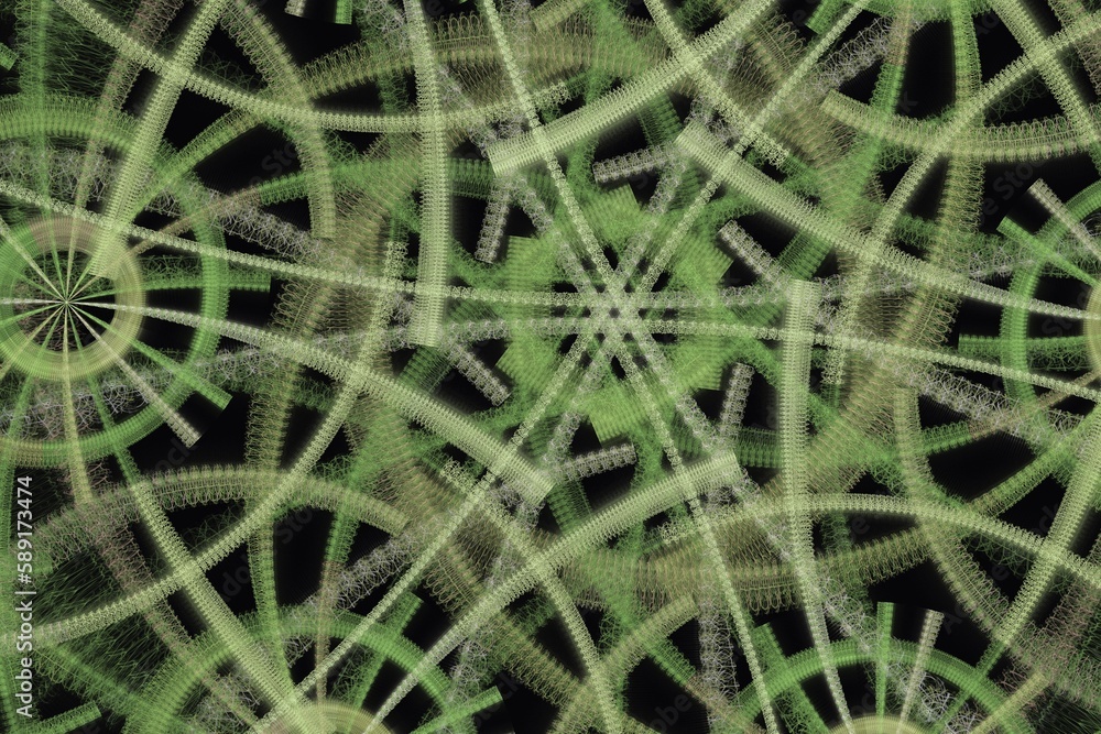 Poster green pattern of crooked ribbons on a black background. abstract fractal 3d rendering