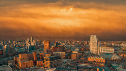 Leeds City Centre Aerial View of the city centre with a dramatic sunset showing retail, offices and...