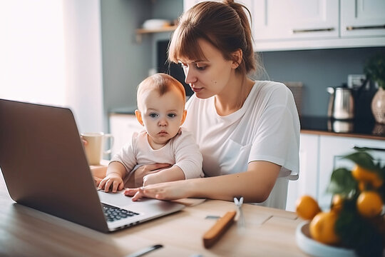 Young woman with a baby on her lap working at home on laptop, concept home work and home office, made with generative ai