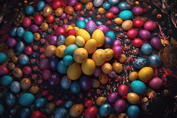 Fototapeta na wymiar Easter eggs, top view, full colors, happy easter - Generative Ai, Generative AI