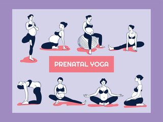 Set of pregnant woman doing yoga exercise. Fitness and sport during pregnancy. Healthy lifestyle and relaxation. Isolated vector illustration
