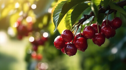 Delicious maroon cherries growing in the garden. Based on Generative AI