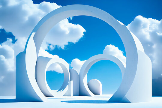Generative AI image of white geometric arched product podium against bright blue cloudy sky