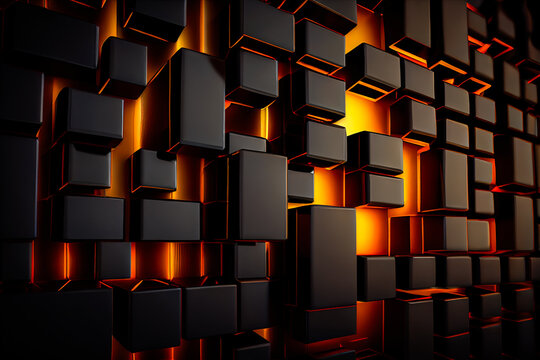 Generative AI image of abstract geometric background with black cubes of different sizes arranged on bright orange surface