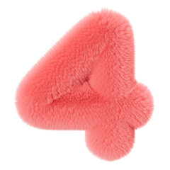Pink and fluffy 3D number four on transparent background as png. Furry, soft and hairy symbol 4. Trendy, cute design element. Cut out object. 3D rendering.
