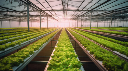 A high-angle shot of a greenhouse with a hydroponic system and LED grow lights. Generative AI