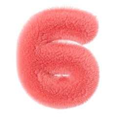 Pink and fluffy 3D number six on transparent background as png. Furry, soft and hairy symbol 6. Trendy, cute design element. Cut out object. 3D rendering.