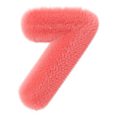 Pink and fluffy 3D number seven on transparent background as png. Furry, soft and hairy symbol 7. Trendy, cute design element. Cut out object. 3D rendering