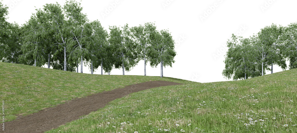 Fototapete realistic grass hill and path walk with forest tree line. 3d rendering of isolated objects.