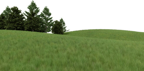 Realistic grass hill and forest tree line. 3d rendering of isolated objects.