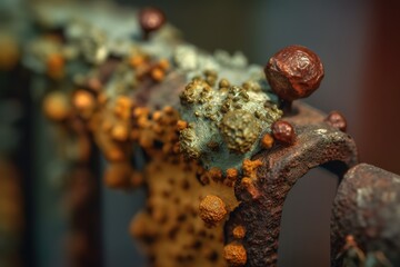 Closeup macro micro photo lichens rust rivet heat on metal guardrail, Generative AI
