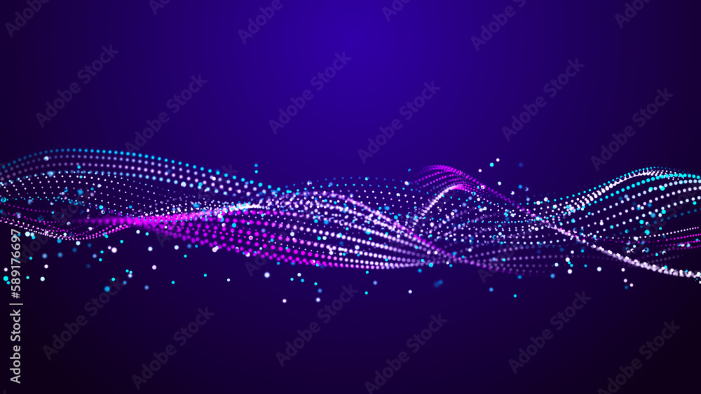 Poster futuristic wave of dots with moving particles. abstract technology background. 3d visualization of b
