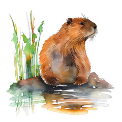 Beaver illustration watercolor with transparent background. Generative AI