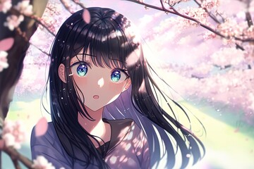 Naklejka premium A cute surprised black haired anime girl under the blooming sakura. AI generated.