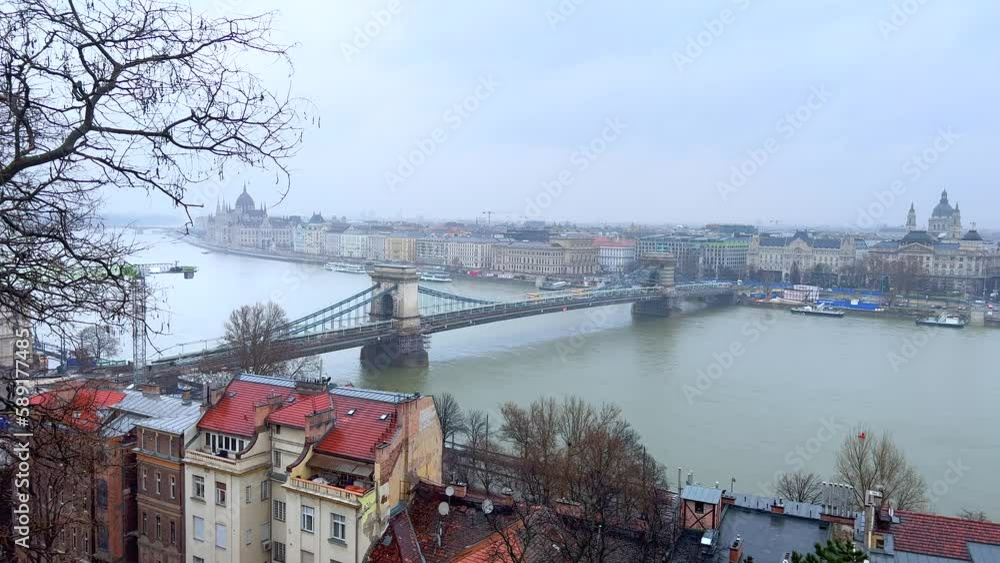 Poster The chain Bridge and Pest skyline, Budapest, Hungary