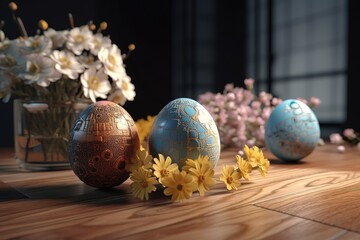 Generative AI of Easter eggs with flowers on table, Generative AI