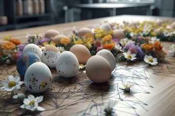 Generative AI of Easter eggs with flowers on table, Generative AI
