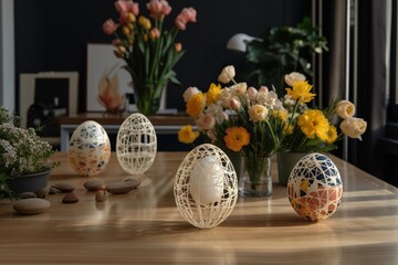 Generative AI of Easter eggs with flowers on table, Generative AI