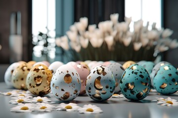 Generative AI of Easter eggs with flowers on table, Generative AI