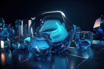 Glass Shapes with Vibrant Blue hues create a Reflective Tech Banner. Modern 3D Render with copy - space. , Generative AI