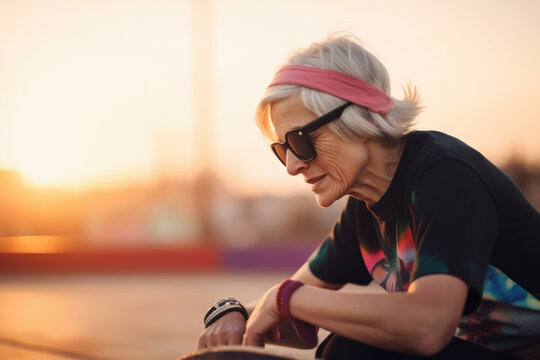 Portrait Of Confident Senior Punk Woman Sitting At Skatepark At Sunset, Generative Ai