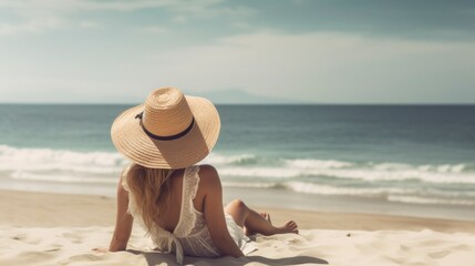 Fototapeta na wymiar A Beautiful Woman in a Sunhat and white dress, Seaside Serenity: A Beautiful Woman's Escape to the Tranquil Tropical Coast Calm Sea, generative ai