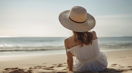 Fototapeta na wymiar A Beautiful Woman in a Sunhat and white dress, Relaxing by the Ocean, Beachside Bliss: A Stunning Calm Sea, generative ai
