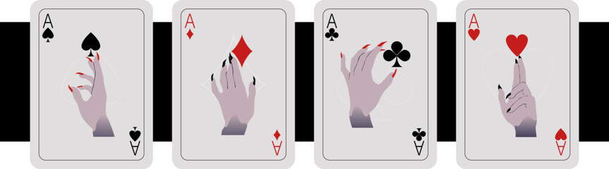 Set of four aces playing cards suits. Hand draw vector illustration.