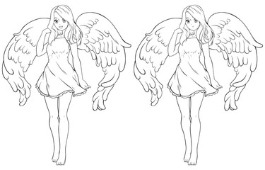 Angel Anime Girl on White Line Art