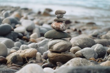 Fototapeta na wymiar Close - up Of Stacked Stones At Shore, Generative AI
