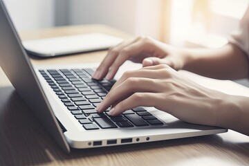 Woman hands typing on computer keyboard closeup, businesswoman or student using laptop at home, online learning, internet marketing, working from home - Generative AI