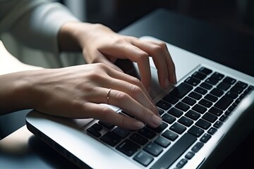 Woman hands typing on computer keyboard closeup, businesswoman or student using laptop at home, online learning, internet marketing, working from home - Generative AI