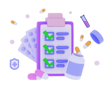 3D prescription Health insurance icon concept First aid medicine with check list for health pharmaceutical Online medicine, healthcare Cartoon minimal style 3D rendering illustration