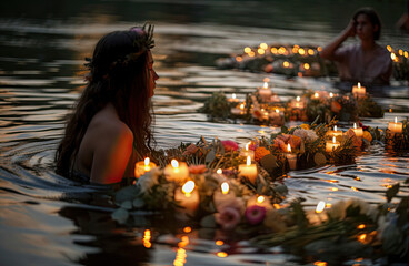 woman in the river with candles and flowers, wearing flower crown. Generative AI image.